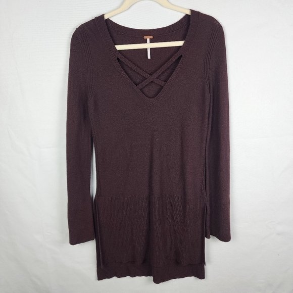 Free People Criss Cross Front Tunic Sweater Women S Boho Hi Low Side Split Brown - Picture 2 of 7